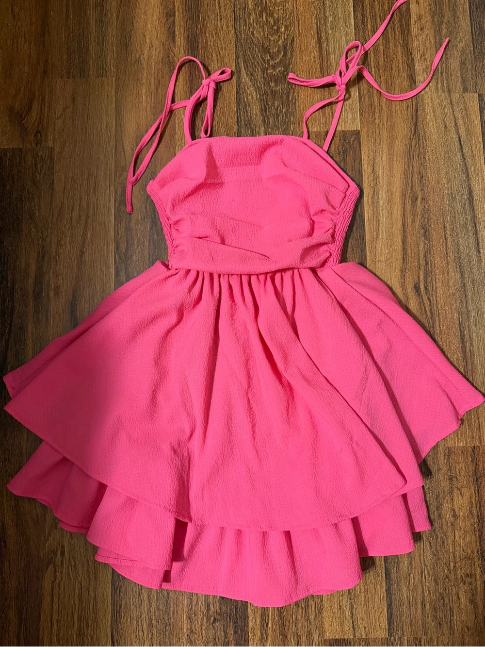 Tie-Shoulder Hot Pink Mini Dress with Layered Skirt